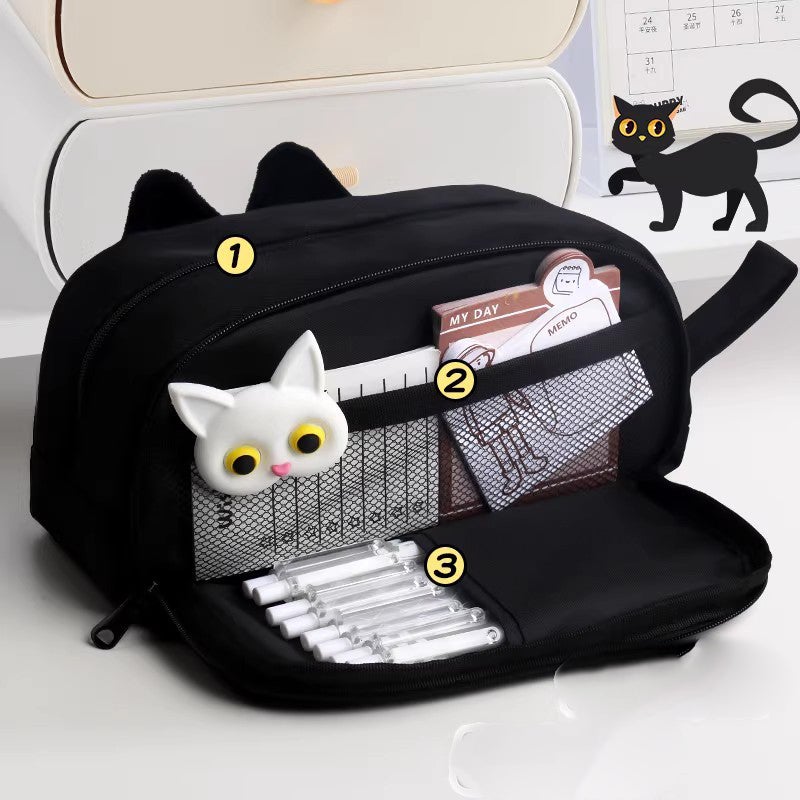 Cat Pencil Case: Black, Large Capacity With Insert & Mesh Pockets - Top Opening For Easy Access, Wear-Resistant Soft Material For School Students, Travel Storage & Makeup Organization - Image 3