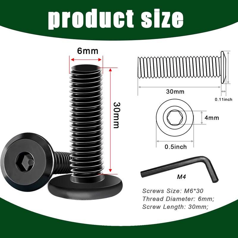 Taiss 30pcs M6 x 30mm Flat Head Socket Head Screw Furniture Bolts,Furniture Screws Stainless Steel 18-8(304),M6 Bolts Black Zinc Plated Fully Threaded,Countersunk Connector M6 Screws with Hex Spanner - Image 2