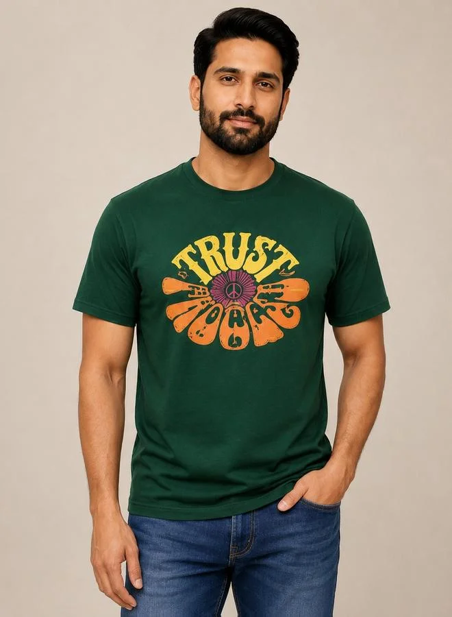 Take Two Dark Green Graphic Print Crew Neck Regular Fit T-Shirt By Falcon