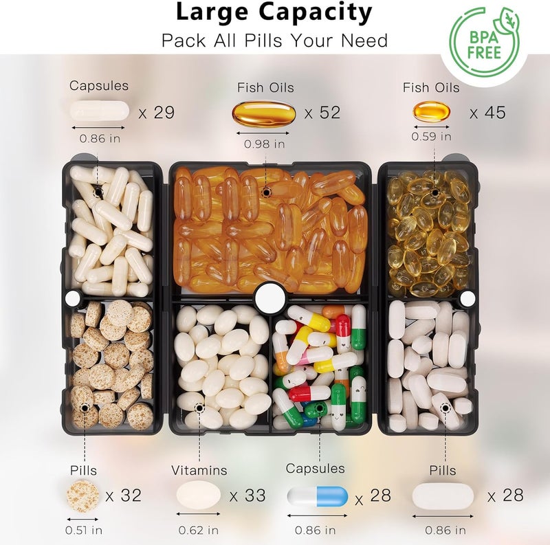 FYY Daily Pill Organizer,2 Pcs 7 Compartments Portable Pill Case Travel Pill Organizer,[Folding Design]Pill Box for Purse Pocket to Hold Vitamins,Cod Liver Oil,Supplements and Medication-Clear Black - Image 4