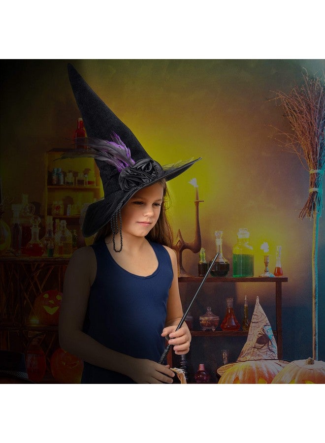 Skeleteen Deluxe Pointed Witch Hat - Glamorous Black Witches Accessories Fancy Velvet Hat with Flowers, Beads and Purple Feathers - Image 4