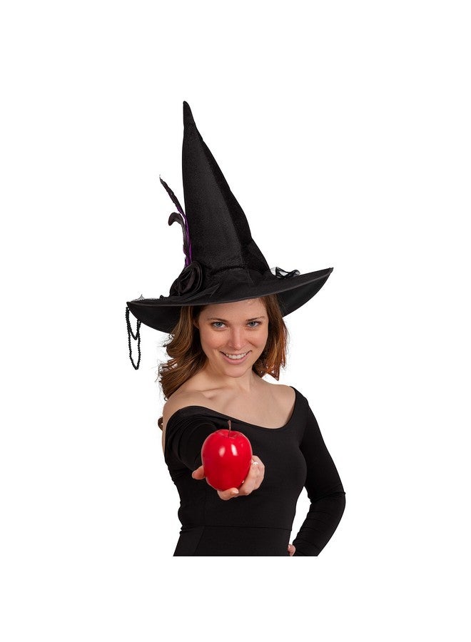 Skeleteen Deluxe Pointed Witch Hat - Glamorous Black Witches Accessories Fancy Velvet Hat with Flowers, Beads and Purple Feathers - Image 3