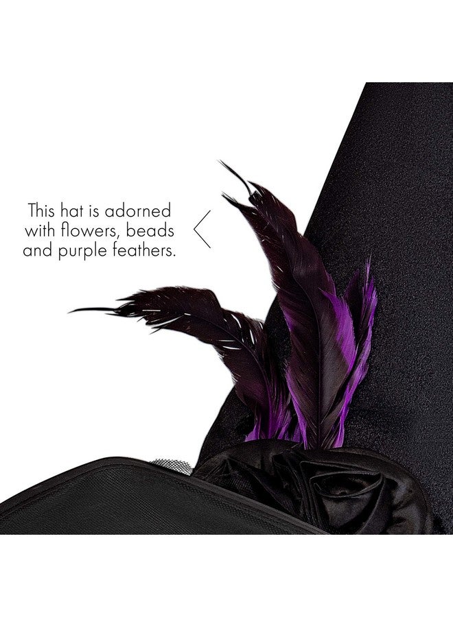 Skeleteen Deluxe Pointed Witch Hat - Glamorous Black Witches Accessories Fancy Velvet Hat with Flowers, Beads and Purple Feathers - Image 5