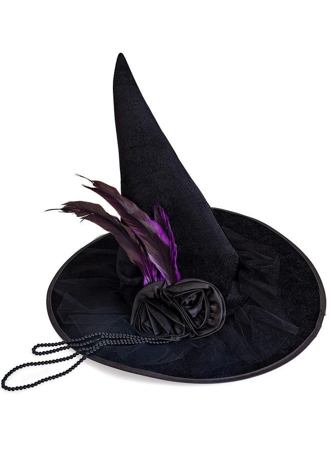 Skeleteen Deluxe Pointed Witch Hat - Glamorous Black Witches Accessories Fancy Velvet Hat with Flowers, Beads and Purple Feathers - Image 1