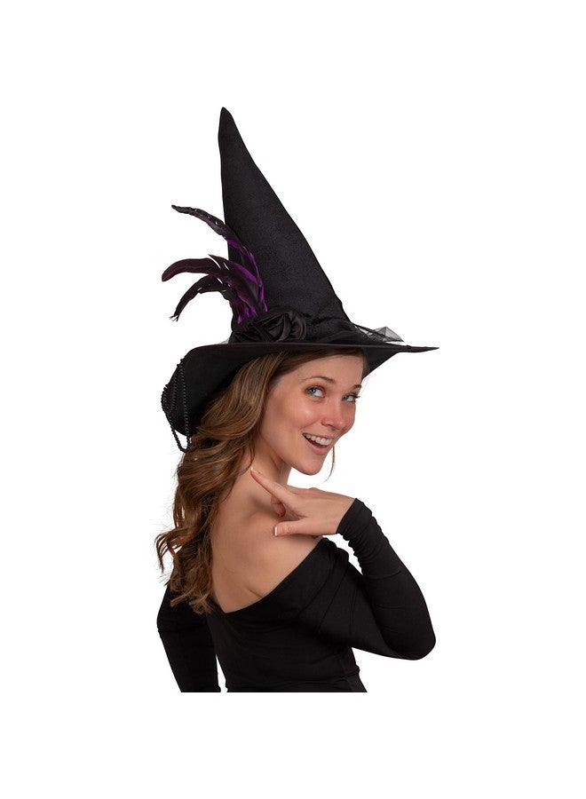 Skeleteen Deluxe Pointed Witch Hat - Glamorous Black Witches Accessories Fancy Velvet Hat with Flowers, Beads and Purple Feathers - Image 2