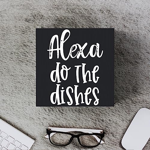 Woght Funny Kitchen Wooden Box Sign Plaque Alexa Do the Dishes Black Wood Box Sign Rustic Art Home Kitchen Shelf Desk Decor 5 x 5 x 1 Inches… - Image 4