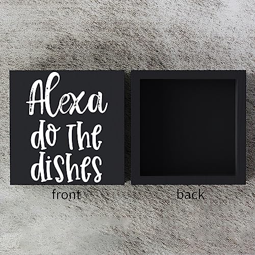 Woght Funny Kitchen Wooden Box Sign Plaque Alexa Do the Dishes Black Wood Box Sign Rustic Art Home Kitchen Shelf Desk Decor 5 x 5 x 1 Inches… - Image 3