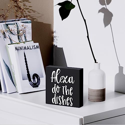 Woght Funny Kitchen Wooden Box Sign Plaque Alexa Do the Dishes Black Wood Box Sign Rustic Art Home Kitchen Shelf Desk Decor 5 x 5 x 1 Inches… - Image 5