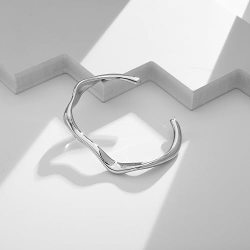 WOWORAMA Irregular Silver Cuff Bracelets for Women Round Wave Open Bangle Bracelet Dainty Silver Arm Cuff Bracelets Simple Adjustable Mobius Bracelet Silver Color - Image 4