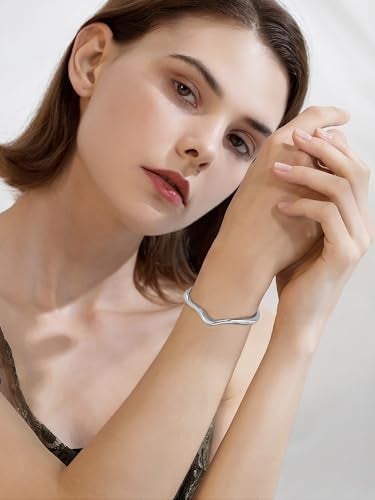 WOWORAMA Irregular Silver Cuff Bracelets for Women Round Wave Open Bangle Bracelet Dainty Silver Arm Cuff Bracelets Simple Adjustable Mobius Bracelet Silver Color - Image 3
