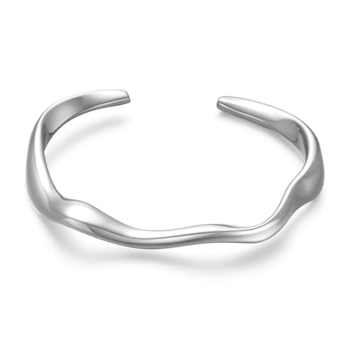 WOWORAMA Irregular Silver Cuff Bracelets for Women Round Wave Open Bangle Bracelet Dainty Silver Arm Cuff Bracelets Simple Adjustable Mobius Bracelet Silver Color - Image 1
