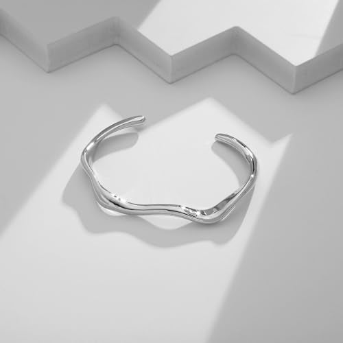 WOWORAMA Irregular Silver Cuff Bracelets for Women Round Wave Open Bangle Bracelet Dainty Silver Arm Cuff Bracelets Simple Adjustable Mobius Bracelet Silver Color - Image 5