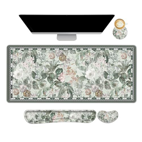 DINKY Large Mouse Pad and Keyboard Wrist Rest, Desk Pad for Keyboard and Mouse, Extended Mouse Pad with Wrist Support, 4 in 1 Non-Slip Desk Mat Blotter for Office, Home, Green Vintage Leaf Flower - Image 1