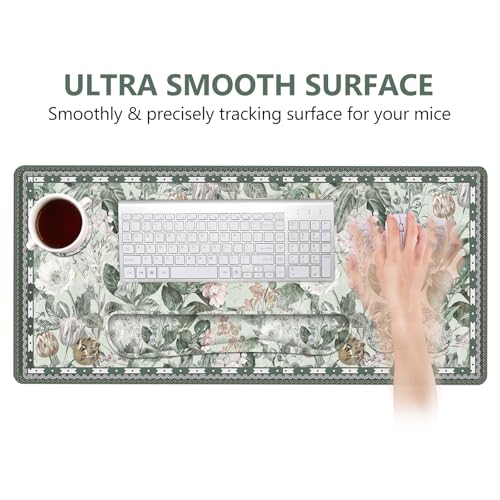 DINKY Large Mouse Pad and Keyboard Wrist Rest, Desk Pad for Keyboard and Mouse, Extended Mouse Pad with Wrist Support, 4 in 1 Non-Slip Desk Mat Blotter for Office, Home, Green Vintage Leaf Flower - Image 4