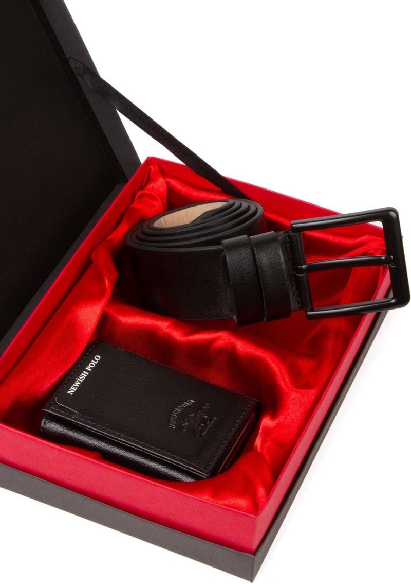 Newish Polo Stylish Vegan Leather 2-Piece Set Black Men's Belt Wallet Card Holder Gift Box  - Image 1