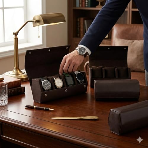 essart Premium 4 Watch Roll Organizer – Leather Travel Watch Case with Soft Velvet Interior, Secure Button Closure, Luxury Watch Storage - Image 2
