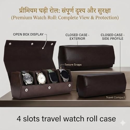 essart Premium 4 Watch Roll Organizer – Leather Travel Watch Case with Soft Velvet Interior, Secure Button Closure, Luxury Watch Storage - Image 3