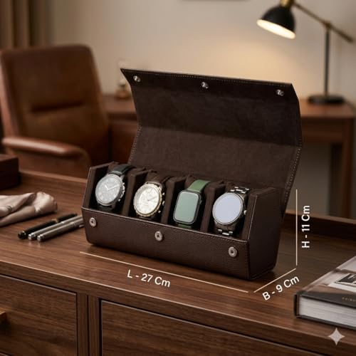 essart Premium 4 Watch Roll Organizer – Leather Travel Watch Case with Soft Velvet Interior, Secure Button Closure, Luxury Watch Storage - Image 4