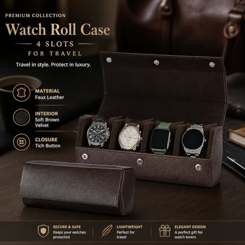 essart Premium 4 Watch Roll Organizer – Leather Travel Watch Case with Soft Velvet Interior, Secure Button Closure, Luxury Watch Storage - Image 5