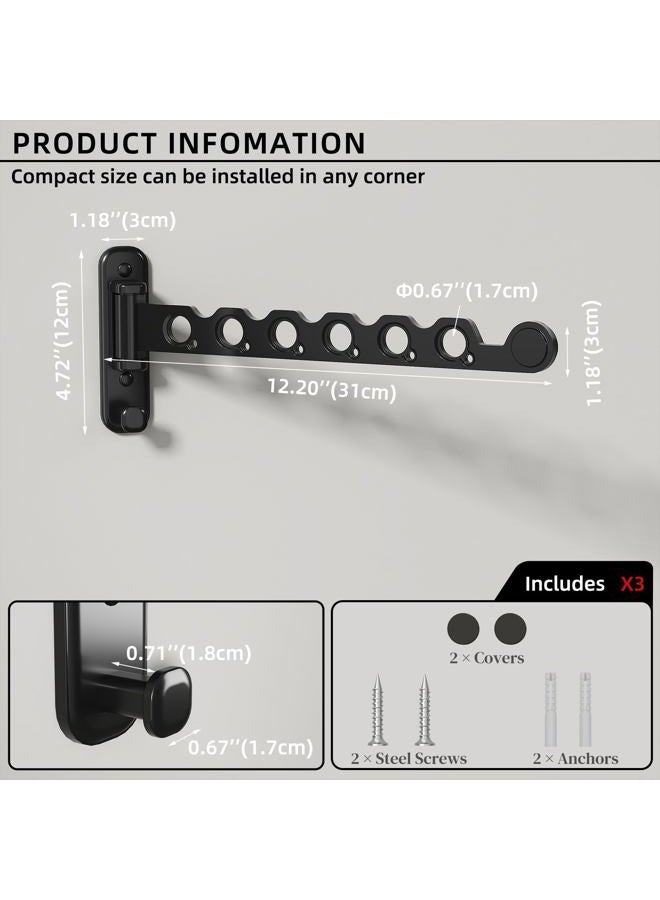 dancrul Wall Mounted Clothes Hanger Rack Foldable Drying Rack Hook Folding Indoor for Laundry Room Organization Bedroom Collapsible Racks Perfect for Small Spaces, 6 Hole Black 2 Packs - Image 2