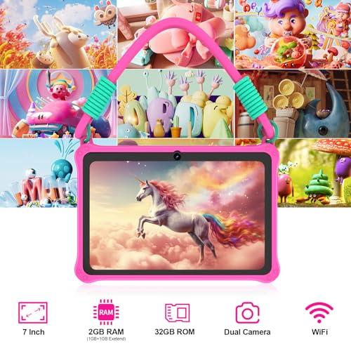 PRITOM Lanyard Kids Tablet 7 inch, 32GB Toddler Tablet Android 13 with WiFi, Dual Camera, Education, Games, Kids Software Pre-Installed, Parental Control, Pink - Image 4