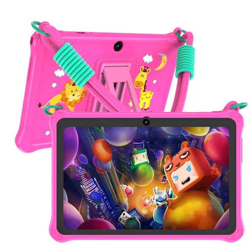 PRITOM Lanyard Kids Tablet 7 inch, 32GB Toddler Tablet Android 13 with WiFi, Dual Camera, Education, Games, Kids Software Pre-Installed, Parental Control, Pink - Image 1