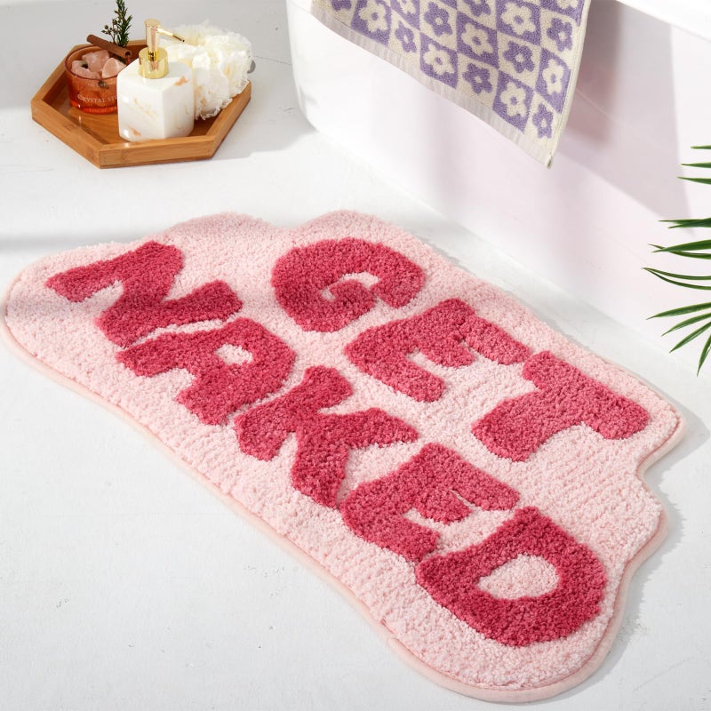 DyeFury Irregular Shaped Get Naked Bath Mat Pink - Fun Bath mat, Small Preppy Bathroom Decor, Funny Aesthetic Bathroom Rugs for Apartmen Decor, Non-Slip Hot Pink Bath Rugs for Girls 31" x 18" - Image 1