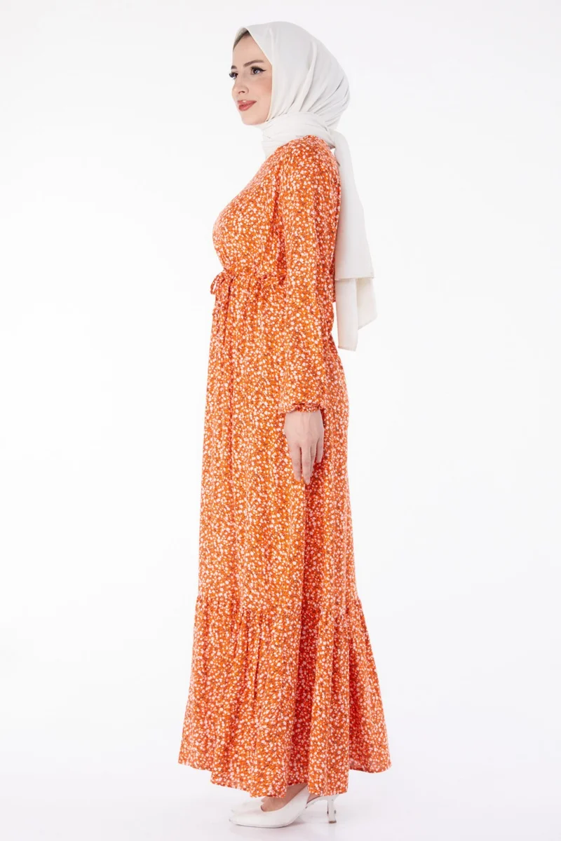 Tofisa Plain Crew Neck Women's Orange Floral Patterned Dress - 25408