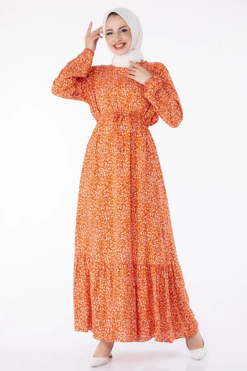 Tofisa Plain Crew Neck Women's Orange Floral Patterned Dress - 25408
