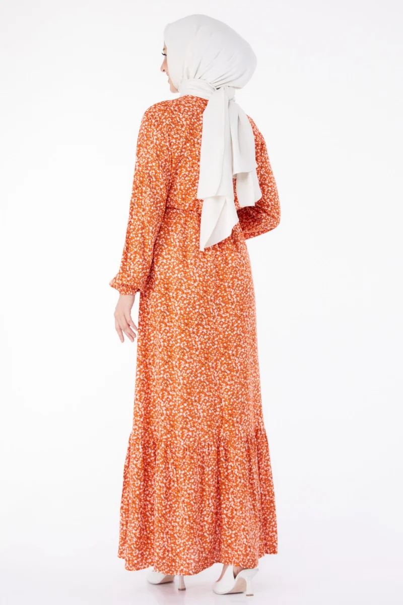 Tofisa Plain Crew Neck Women's Orange Floral Patterned Dress - 25408
