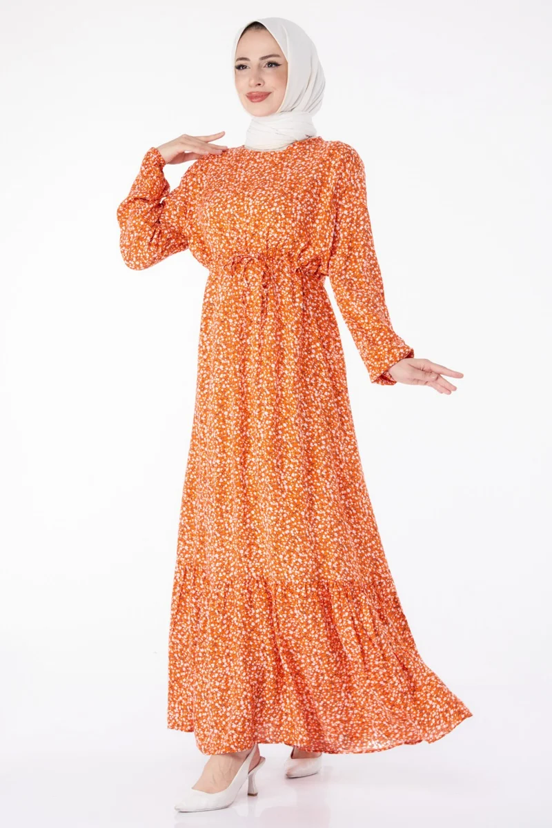 Tofisa Plain Crew Neck Women's Orange Floral Patterned Dress - 25408