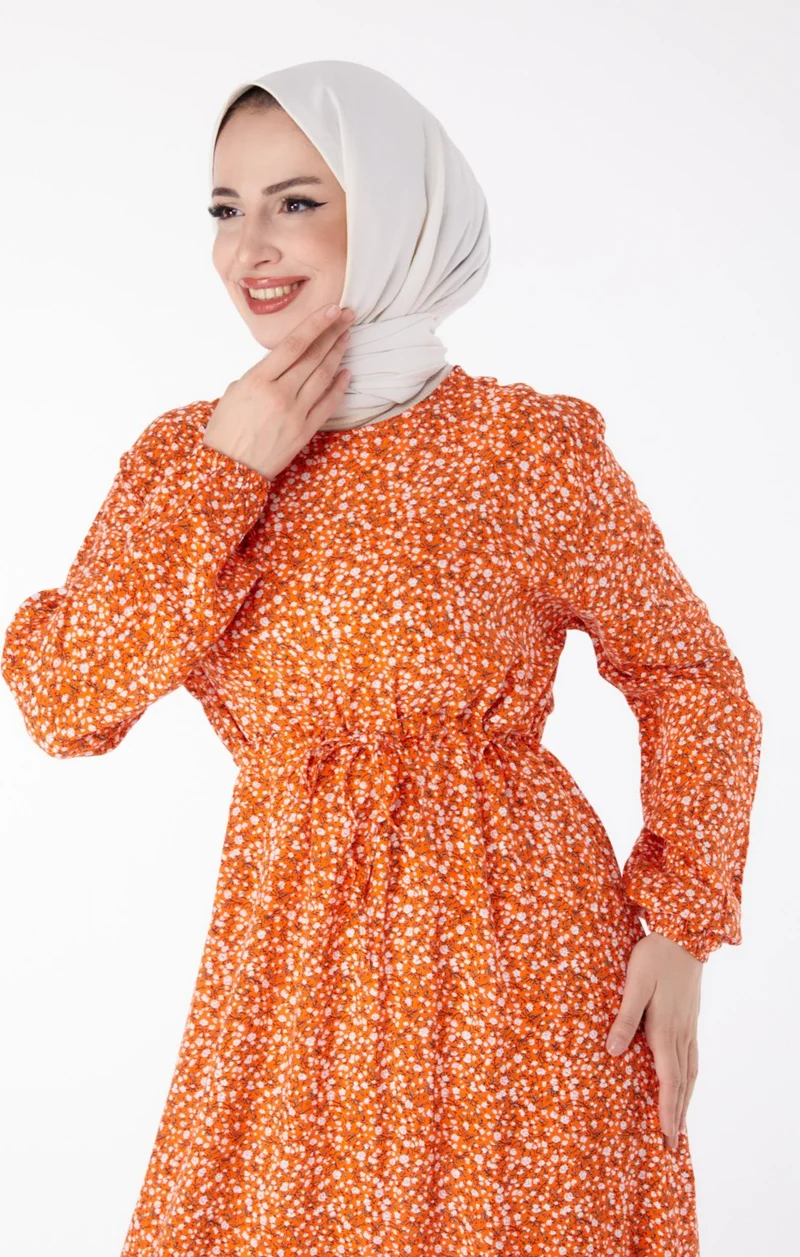 Tofisa Plain Crew Neck Women's Orange Floral Patterned Dress - 25408