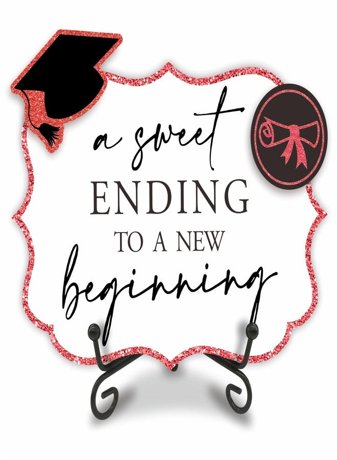 NYCTUG 5"X7" Red Grad Party Wooden Table Sign - A Sweet Ending To A New Beginning - Buffet Sign, Treat Sign With Metal Support & 2 DIY Wood Decor With Velcro, Grad Party Decorations & Supplies - B06 - Image 1