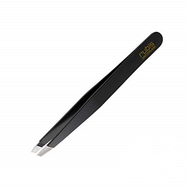 Rubis Classic Stainless Steel Slanted Tweezers for Precise Eyebrows and Hair Removal 1K104 Made in Switzerland Black
