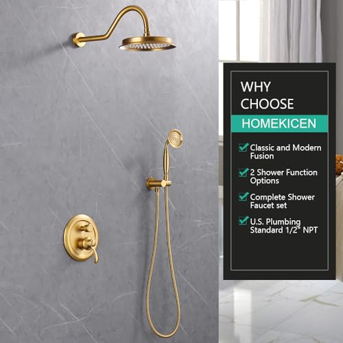 Homekicen Brushed-Gold Shower Faucets-Sets Complete: Antique Rain Shower System in Wall, 9 inch Rainfall Head and Handheld Spray, Pressure Balance Brass Valve with Trim Kit - Image 2