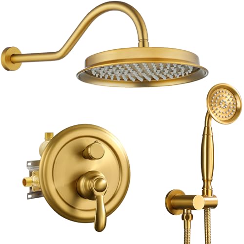 Homekicen Brushed-Gold Shower Faucets-Sets Complete: Antique Rain Shower System in Wall, 9 inch Rainfall Head and Handheld Spray, Pressure Balance Brass Valve with Trim Kit - Image 1
