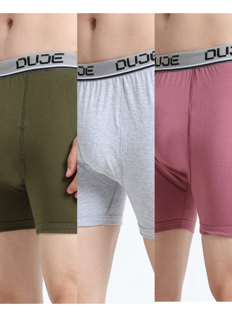 DUJE Men’s Regular Trunks OE (Outer Elastic) (3-Pack Combo 4 – Green, Grey & Pink) | 100% Combed Cotton | Breathable, Sweat-Absorbing, Anti-Bacterial & Odour-Free Everyday Innerwear - Image 1