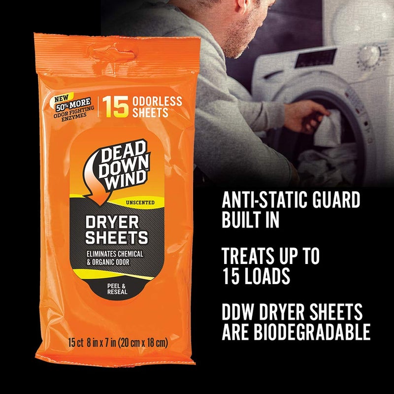 dead down wind أوراق تجفيف ديد داون ويند | 15 ورقة عديمة الرائحة | مزيل الروائح لمعدات الصيد + ملحقات الصيد | أوراق غير قابلة للكهرباء، قابلة للتحلل الحيوي عديمة الرائحة | 1 عبوة قابلة لإعادة الإغلاق - Image 2