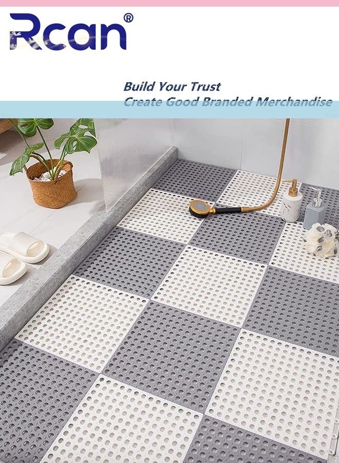 ركان 12 قطعة من بلاط الأرضيات المطاطي المتشابك غير القابل للانزلاق، بساط أرضية حمام من البولي فينيل كلوريد الناعم مقاس 30 × 30 سم، بلاط أرضية ناعم للتدليك بفتحات تصريف للحمام والمطبخ وحمام السباحة والمناطق الرطبة - Image 1