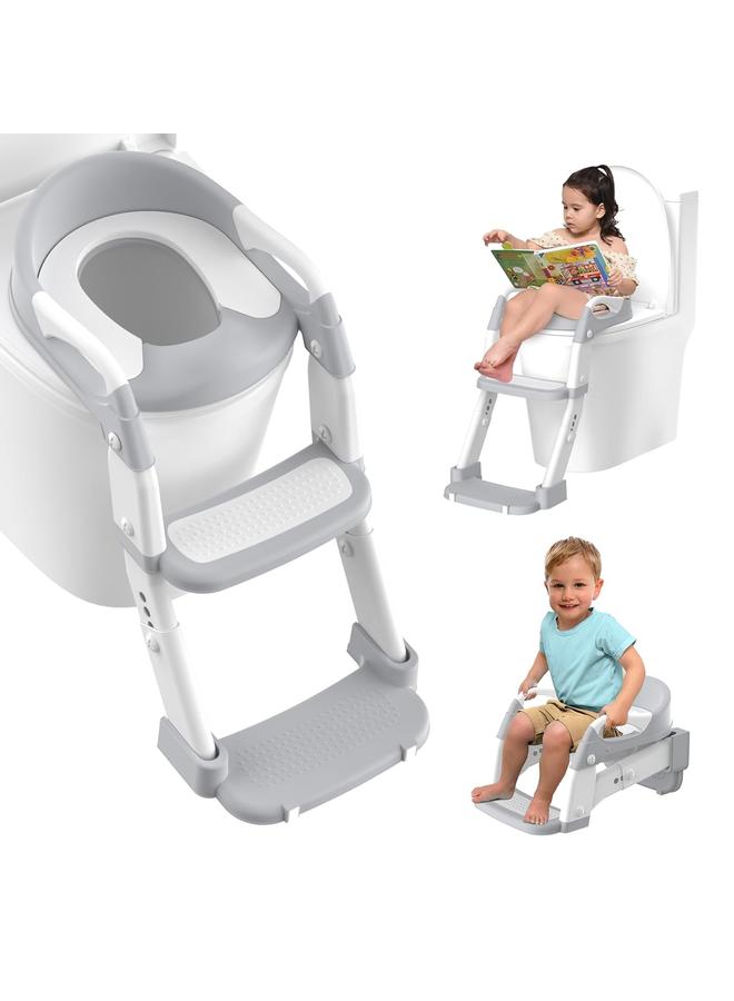 إتش بي إم واي مقعد تدريب على النونية، نونية تدريب للأطفال الصغار مع سلم درجة للأولاد والبنات، مقعد مرحاض قابل للطي 3 في 1 مع مباول، واقي من التناثر، مقابض، وسادة مضادة للانزلاق، رمادي - Image 2