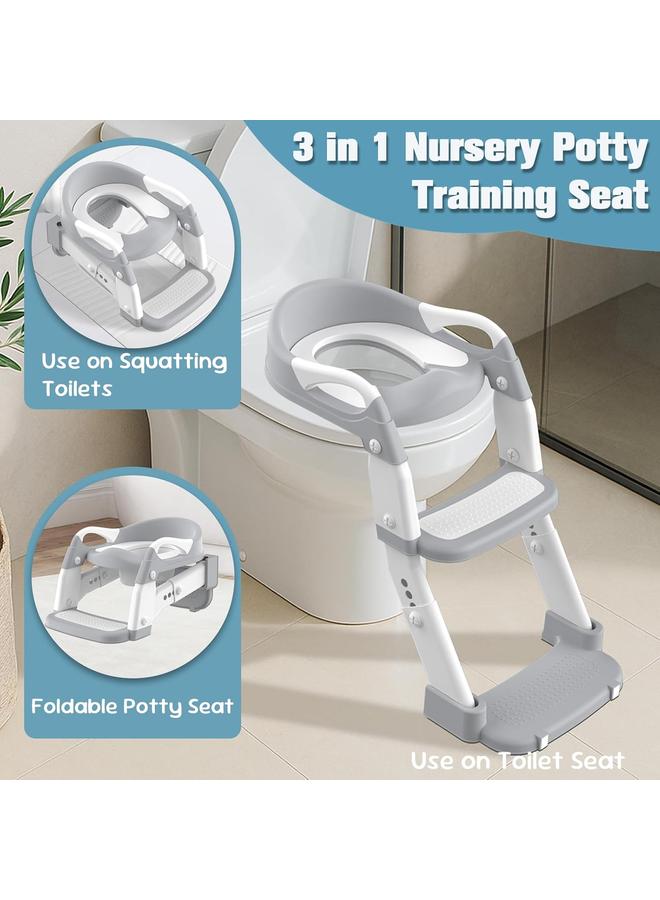 إتش بي إم واي مقعد تدريب على النونية، نونية تدريب للأطفال الصغار مع سلم درجة للأولاد والبنات، مقعد مرحاض قابل للطي 3 في 1 مع مباول، واقي من التناثر، مقابض، وسادة مضادة للانزلاق، رمادي - Image 4