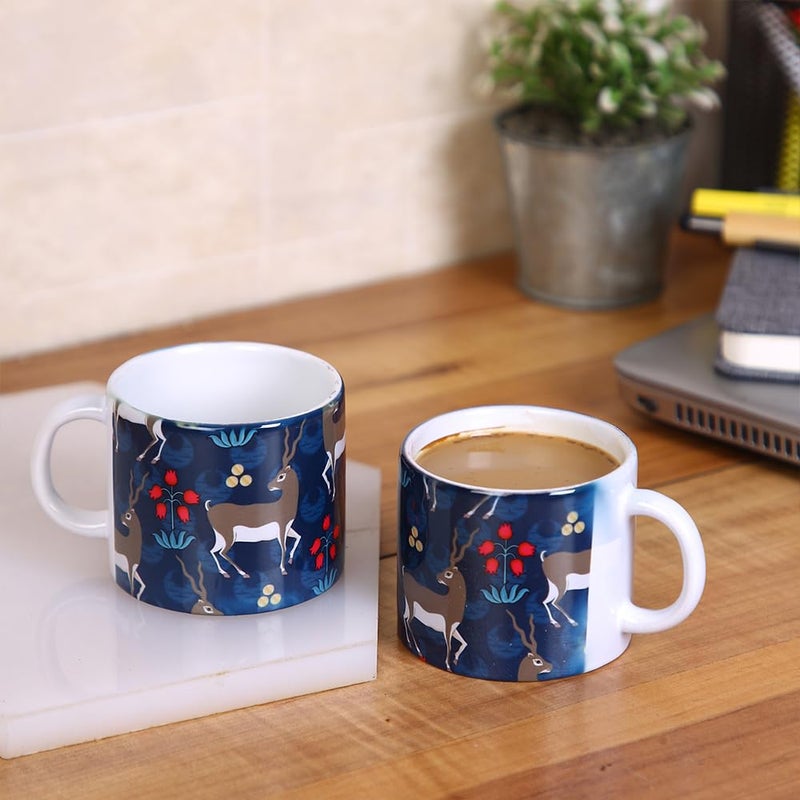 PentaDeco Ceramic Mugs with Deer Motif Set of 2 Blue and White - Image 1