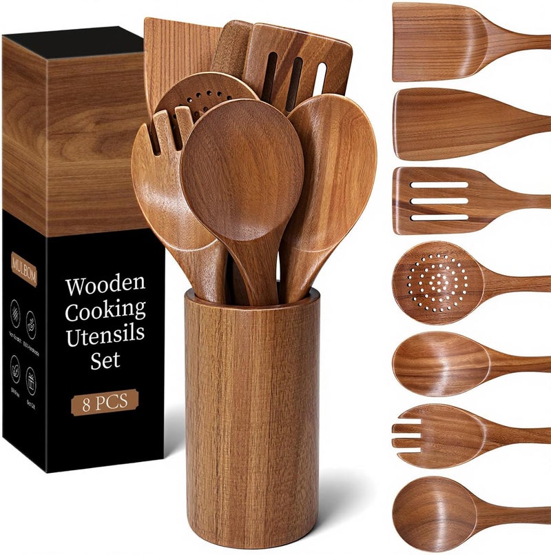 MULBOM Wooden Cooking Utensils Set with Holder, 8 Pcs Teak Wood Kitchen Utensils for Nonstick Cookware, Wooden Spoons and Spatulas for Cooking, Farmhouse Kitchen Accessories - Image 1