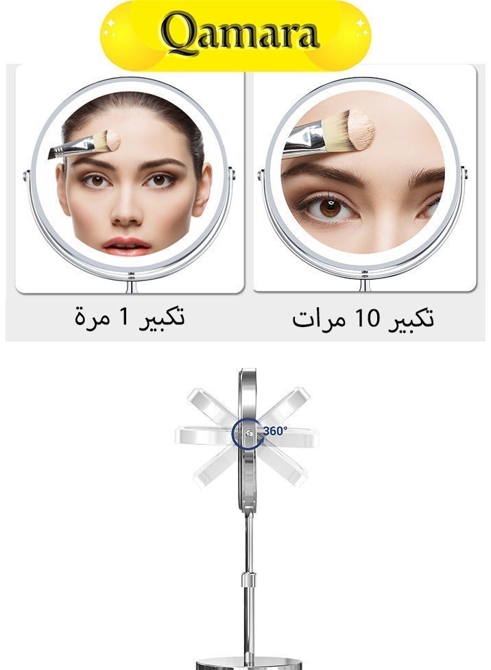  قمرة مرآة مكياج LED مزدوجة الوجه، تكبير 10 مرات، هيكل ستانلس ستيل فضي - Image 3