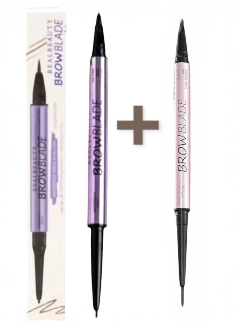 2PCS WATERPROOF PENCIL & INK STAIN BROW TWINS EYEBROW PEN 002 Dark Brown