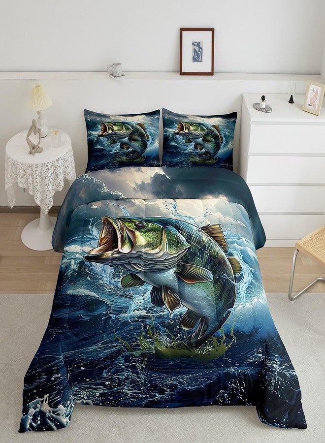 Feelyou Pike Fish Bedding Set Twin Size Bass Big Fish Comforter Set for Kids Boys Girls Decor Fishing and Hunting Comforter Ocean Theme Duvet Set with 1 Pillow Case - Image 1