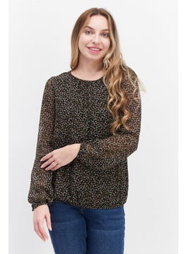 Zero Women  Round Neck Long Sleeve Floral Print Blouse Top, Black Combo  - Image 1