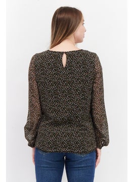 Zero Women  Round Neck Long Sleeve Floral Print Blouse Top, Black Combo  - Image 2