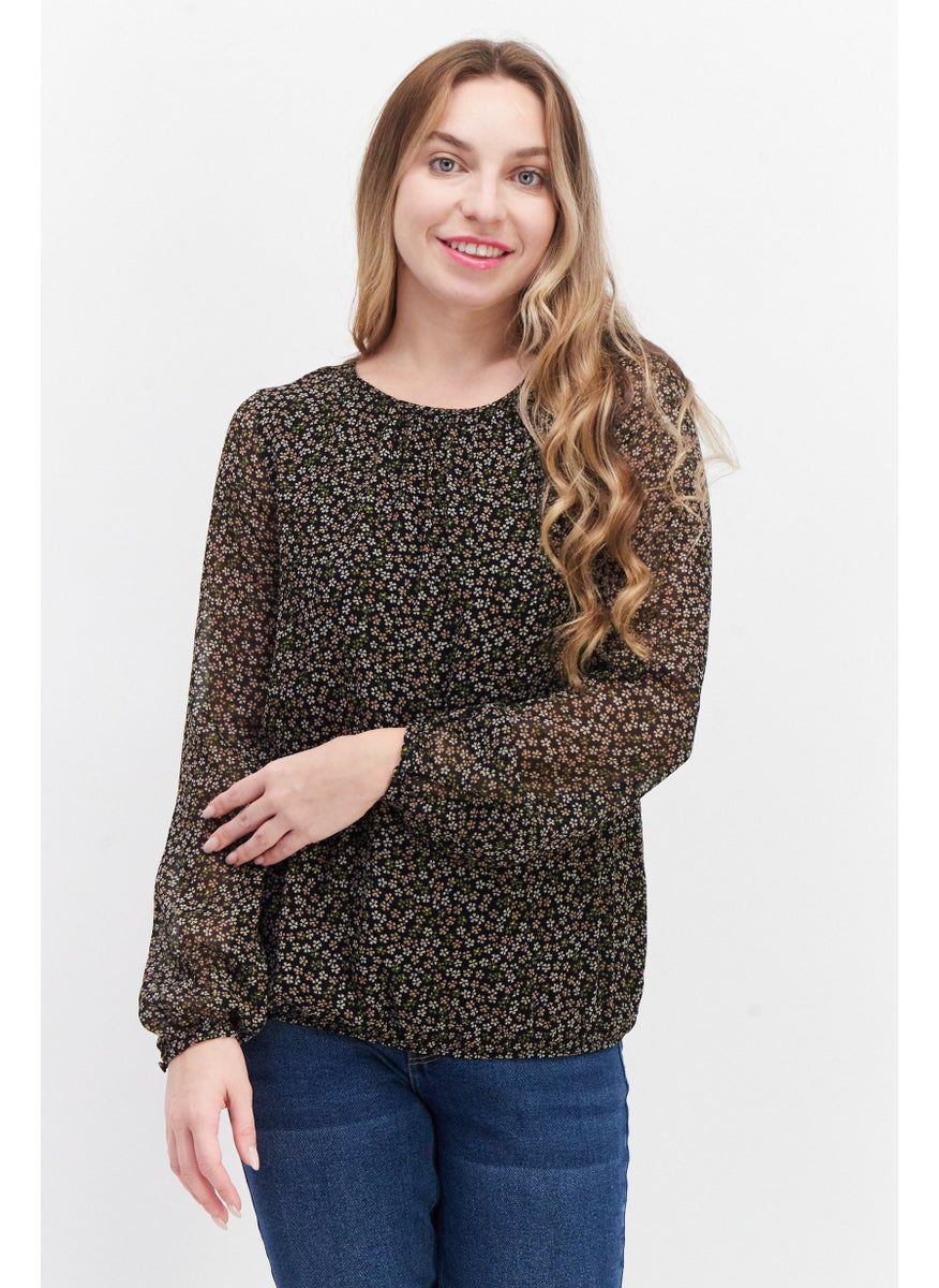 Zero Women  Round Neck Long Sleeve Floral Print Blouse Top, Black Combo  - Image 1