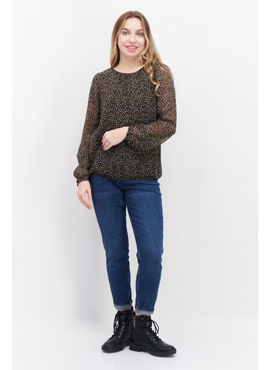 Zero Women  Round Neck Long Sleeve Floral Print Blouse Top, Black Combo  - Image 3